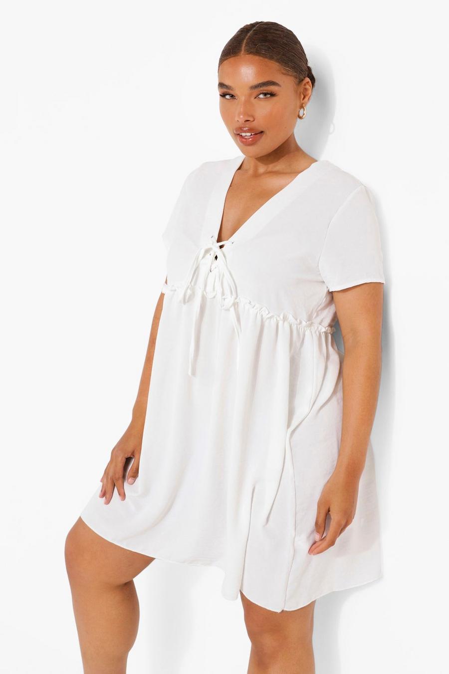 לבן שמלת סמוק עם קשירה למידות גדולות  image number 1