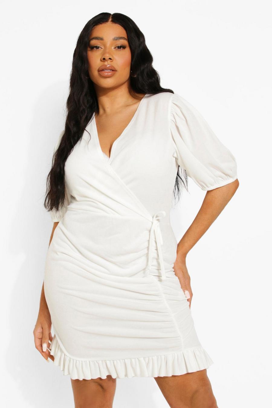 לבן שמלת מיני מעטפת עם חצאית קפלים, מידות גדולות image number 1