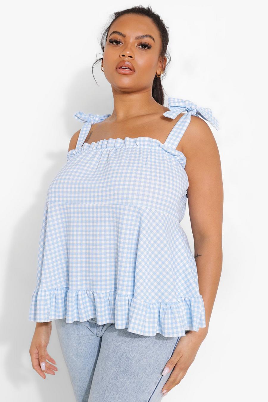 Blue Plus Gingham Frill Detail Top image number 1