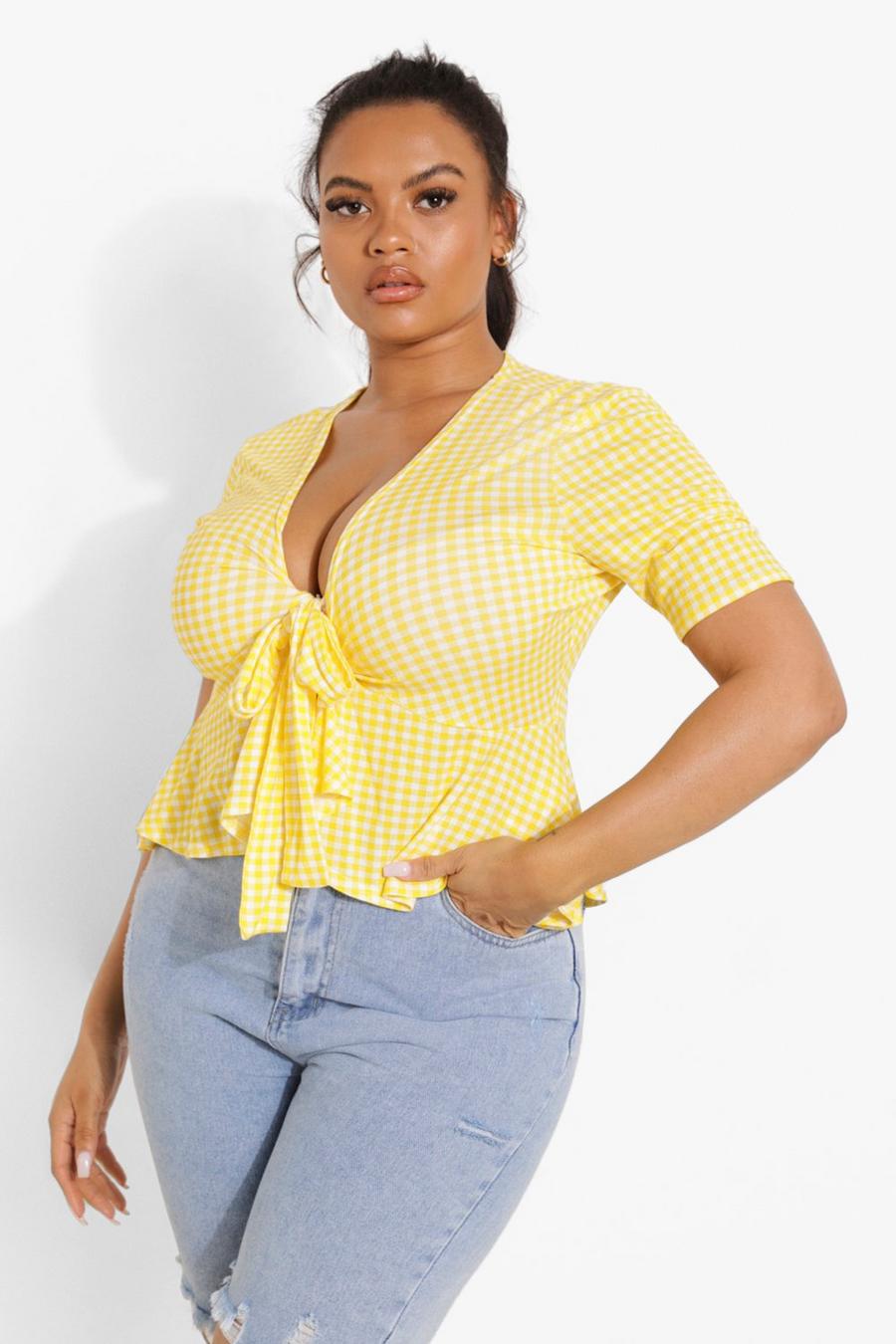Yellow Plus Gingham Frill Hem Tie Front Top image number 1