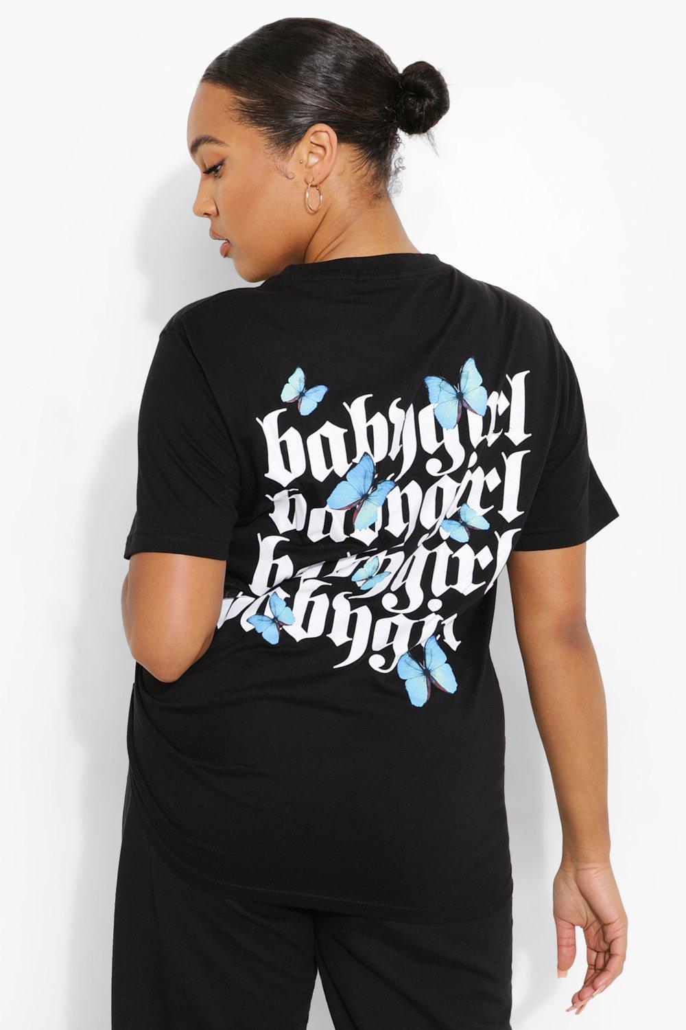 T-shirt Plus con stampa di farfalla e scritta Babygirl