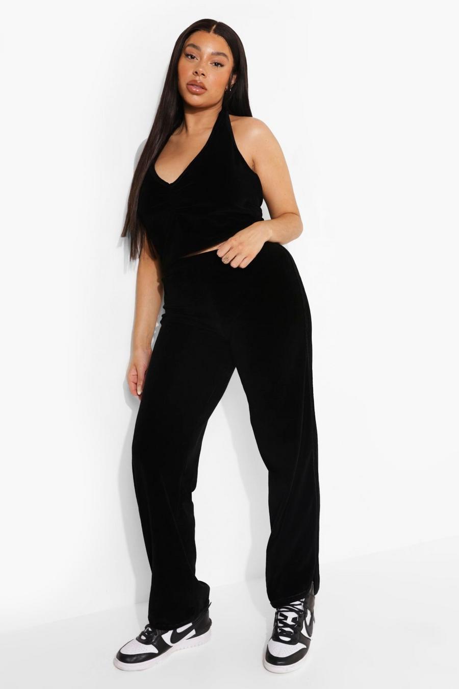 Black Plus Velour Halter And Wide Leg Two-Piece image number 1