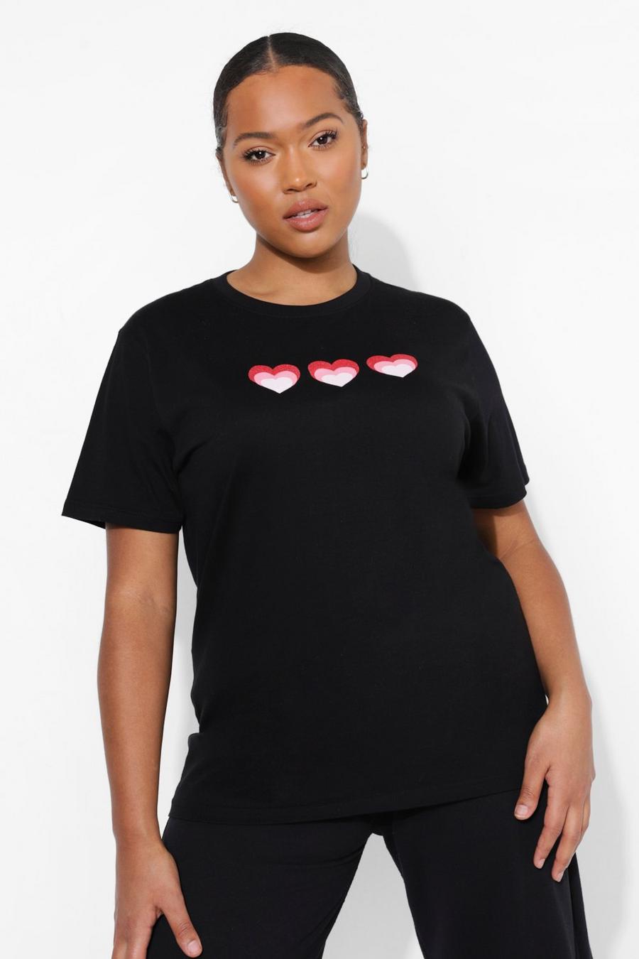 Camiseta con gráfico de corazones Plus, Negro image number 1