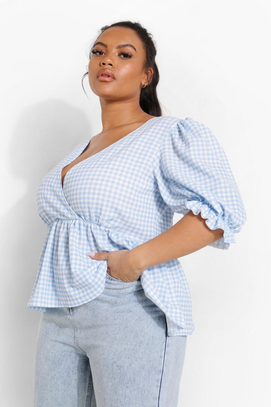 Blue Plus Gingham Frill Detail Top image number 1