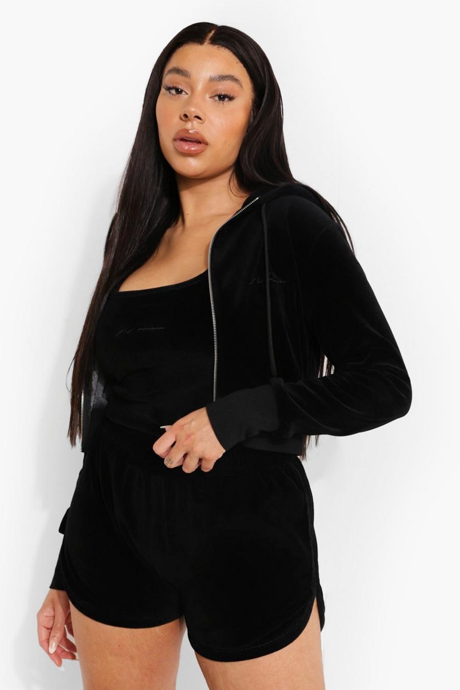 Black Plus Cropped Velour Embroidered Hoodie image number 1