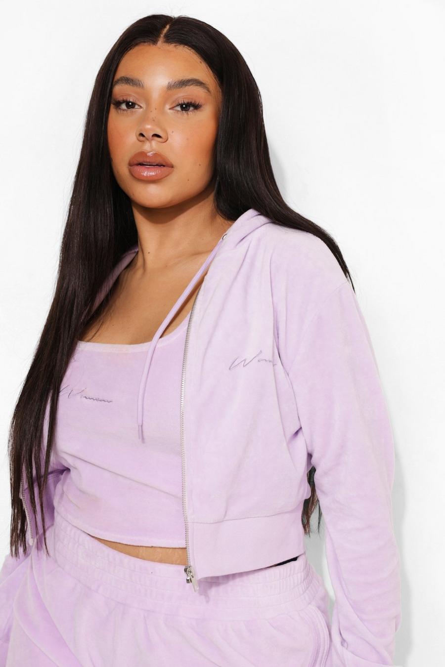 Lilac Plus Cropped Velour Embroidered Hoodie image number 1