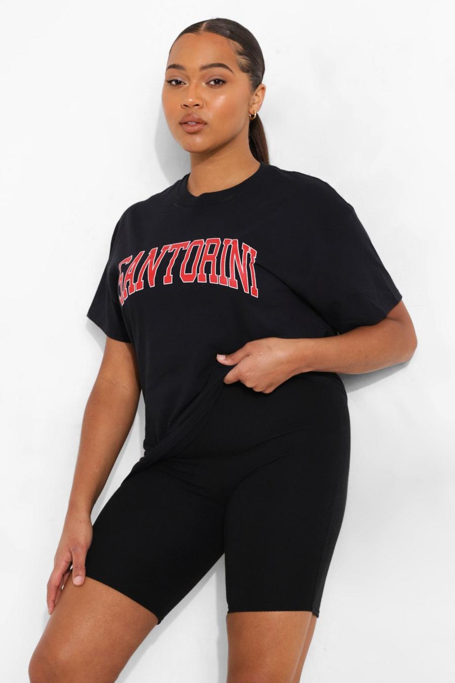 T-shirt oversize con scritta Santorini Plus, Nero image number 1