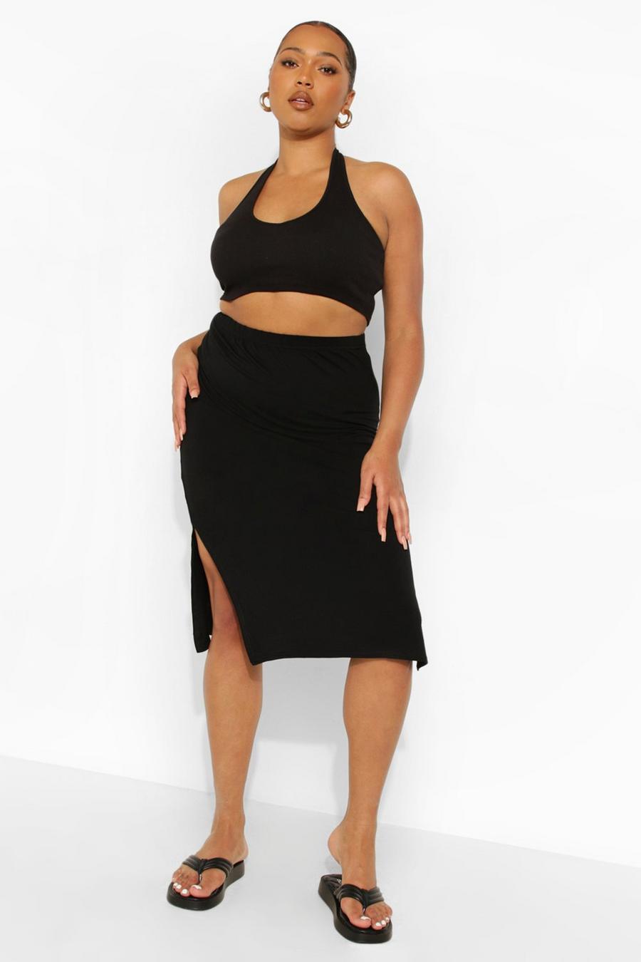 Black Plus Jersey Knit Split Midi Skirt image number 1