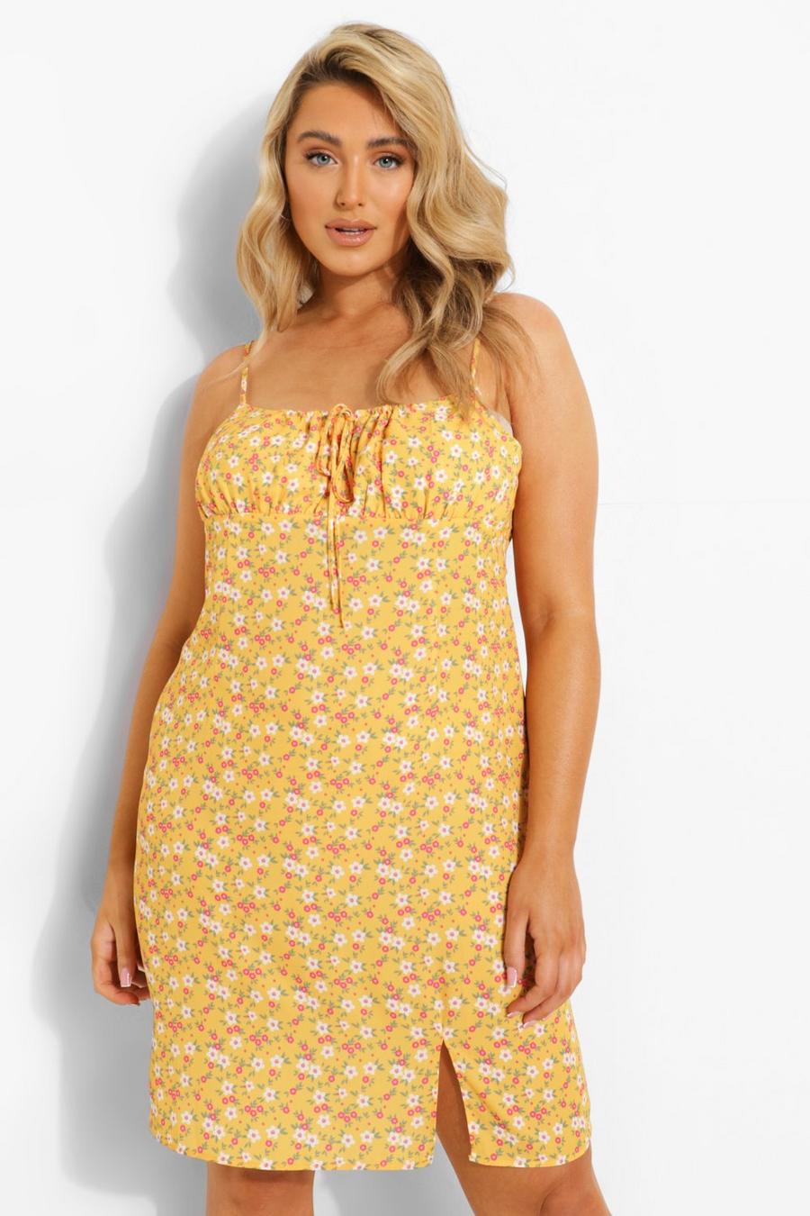 Mustard Plus Ditsy Floral Tie Front Mini Dress image number 1