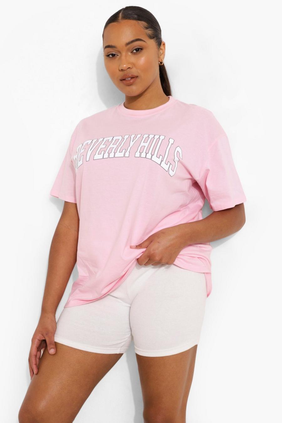 T-shirt Plus con scritta Beverly Hills, Rosa confetto