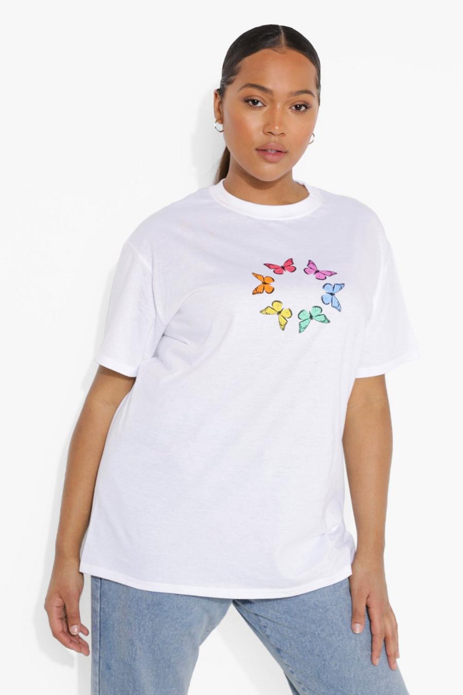 White Plus - T-shirt med fjärilar i regnbågsfärger image number 1