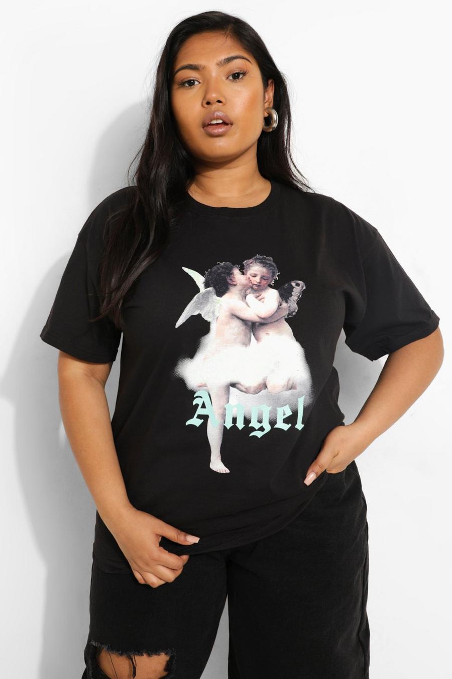 T-shirt Plus con stampa di angeli e scritta Angel, Nero image number 1