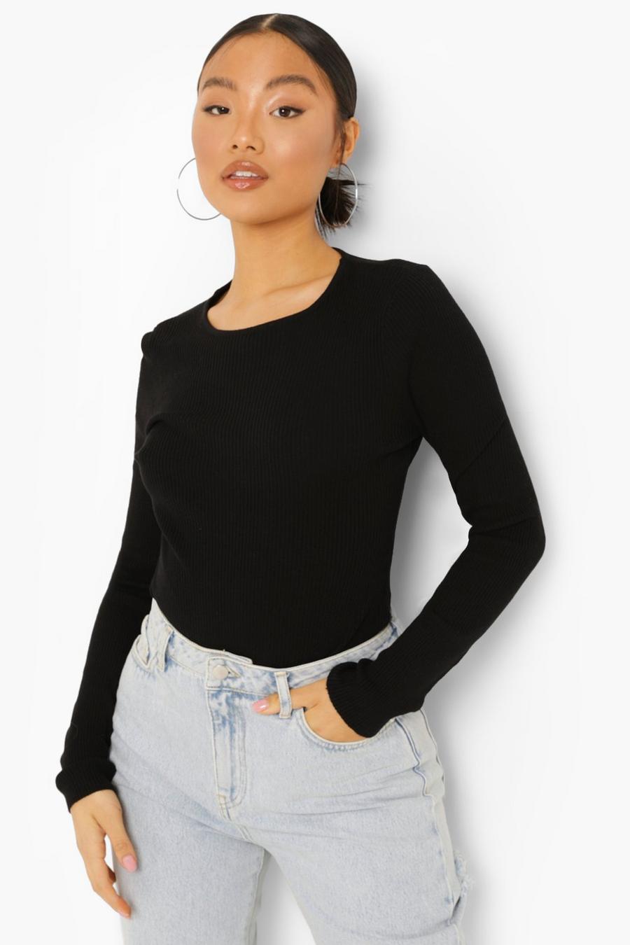 Black Petite Fine Knit Long Sleeve Bodysuit image number 1