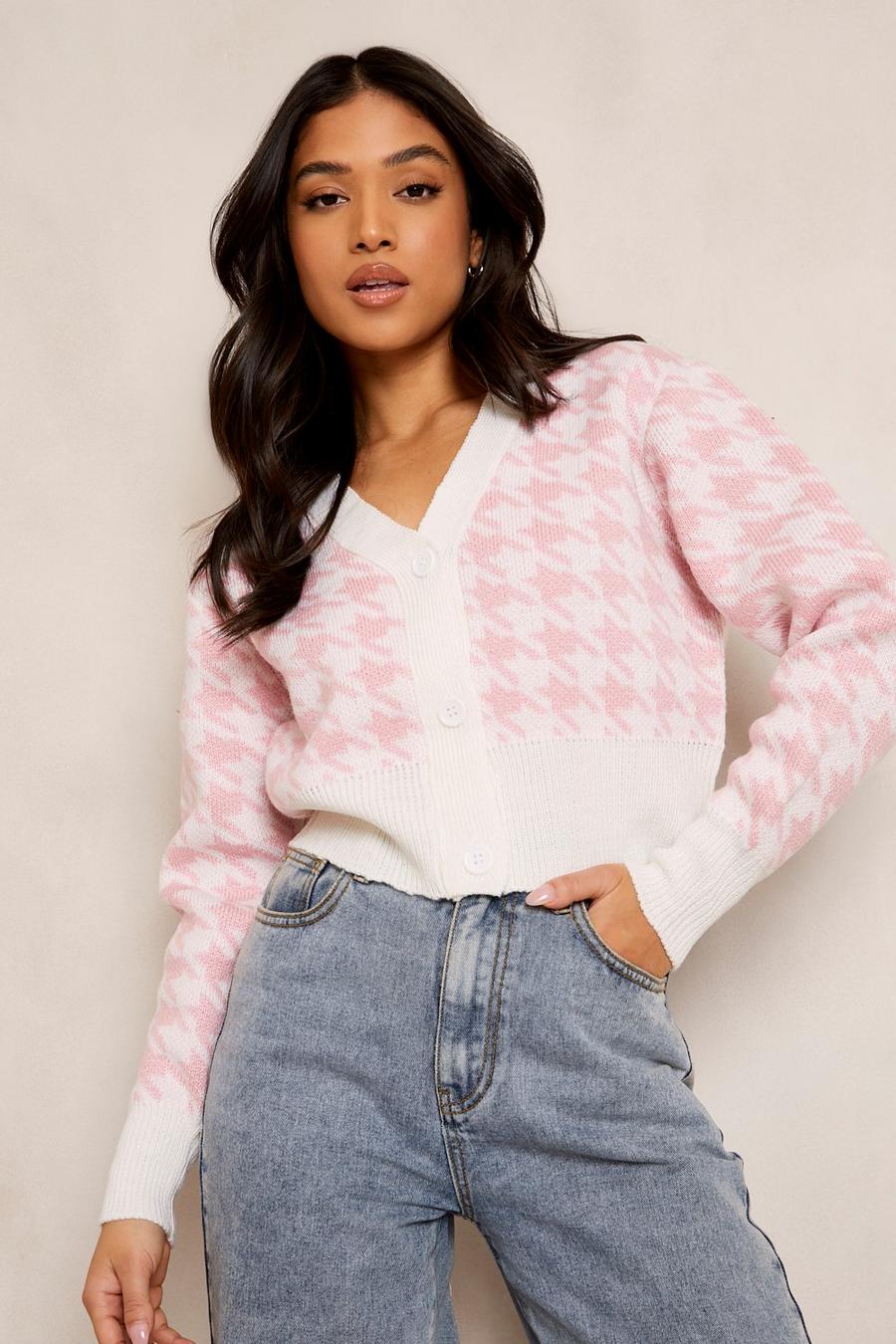 Pale pink rosa Petite Dogtooth Knitted Crop Top Cardigan