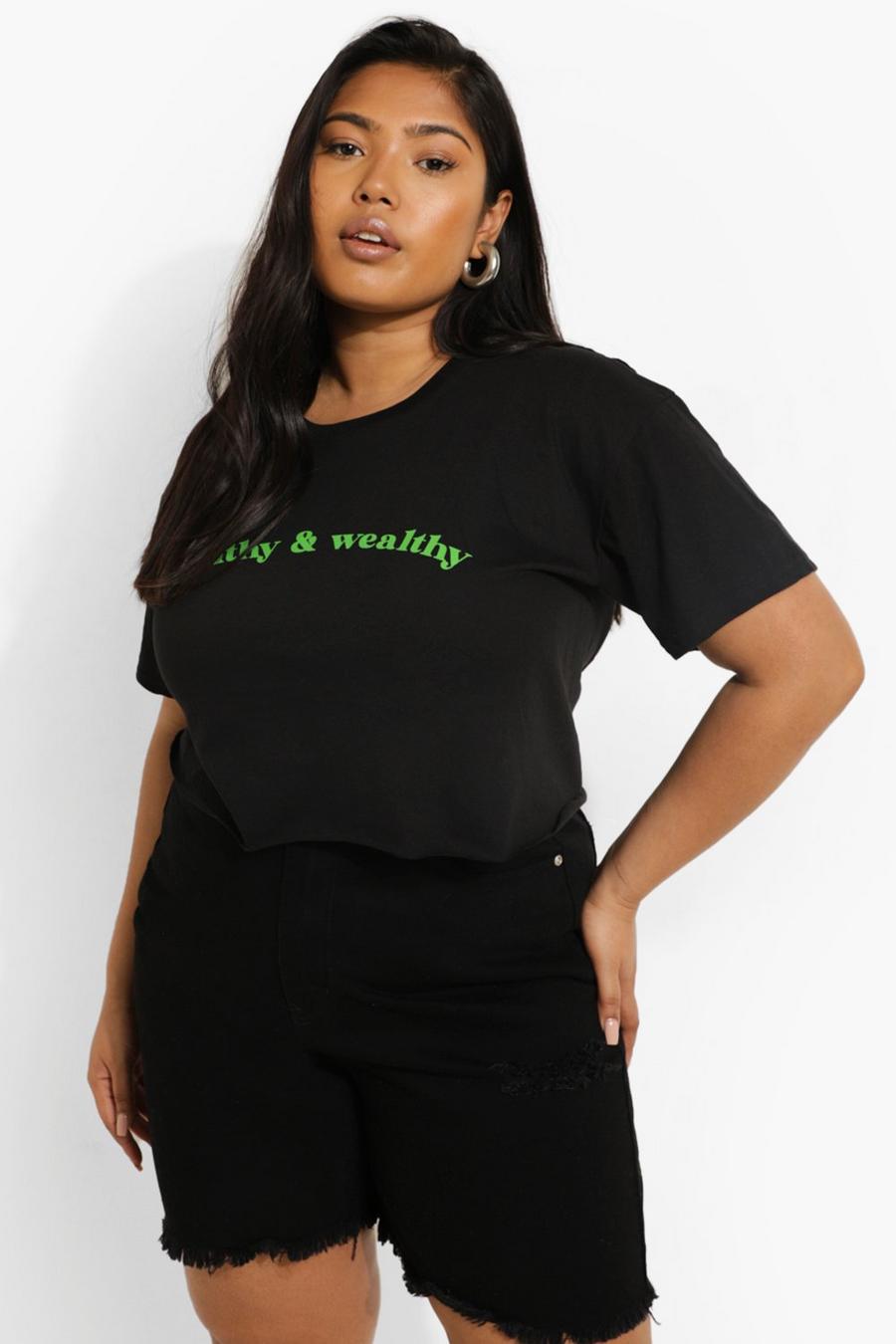T-shirt Plus oversize con scritta Healthy and Wealthy, Nero image number 1