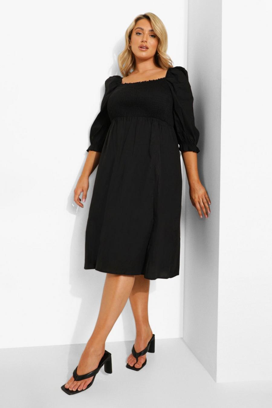 Black Plus Cotton Shirred Puff Sleeve Midi Dress image number 1