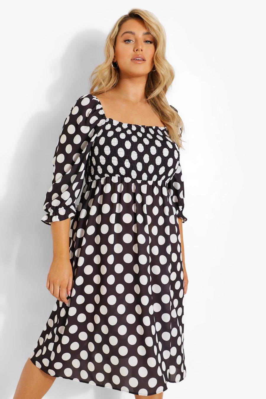 Women's Plus Polka Dot Shirred Puff Sleeve Midi Dress | Boohoo UK