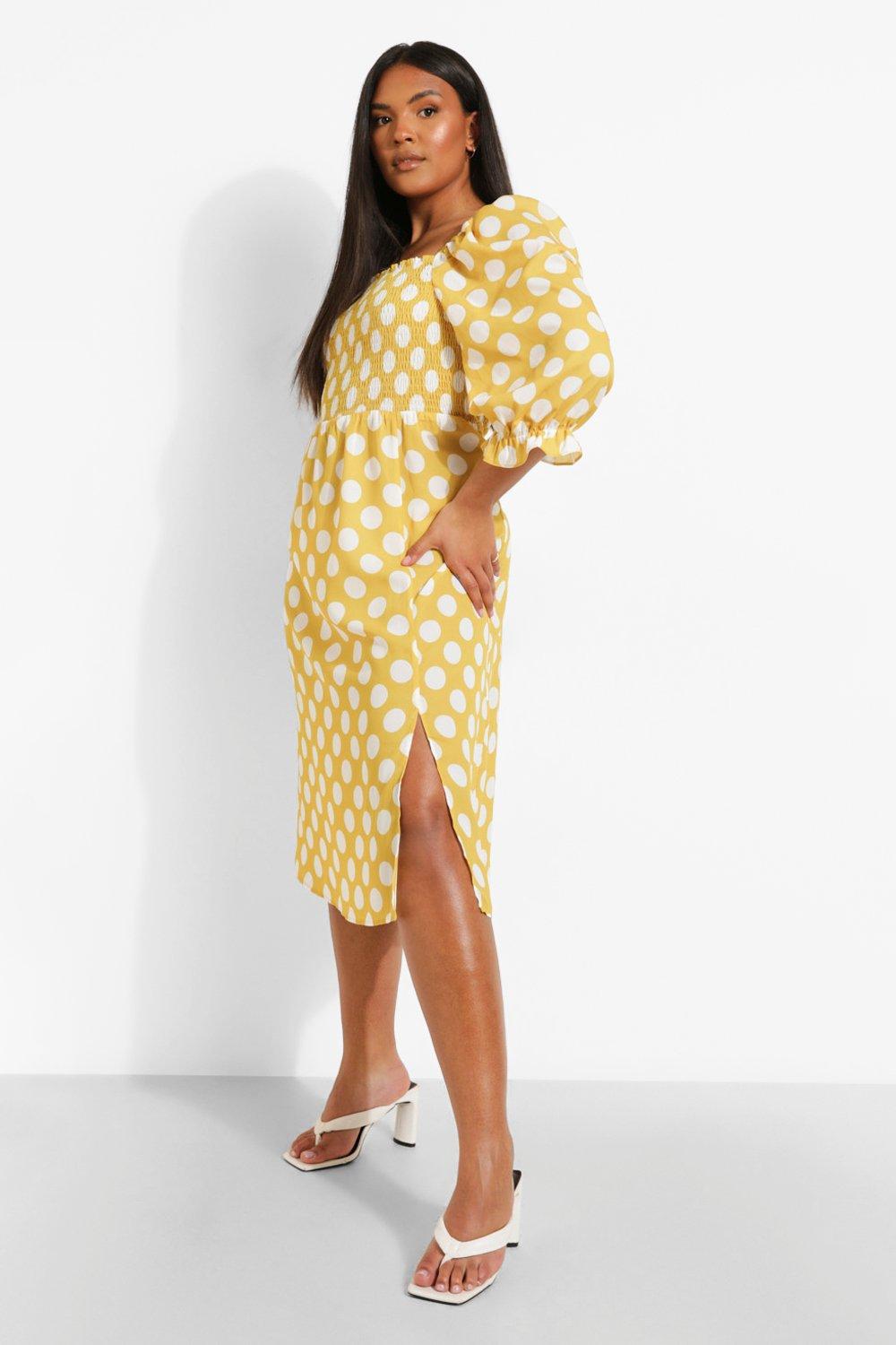 Plus Polka Dot Shirred Puff Sleeve Midi Dress boohoo NL