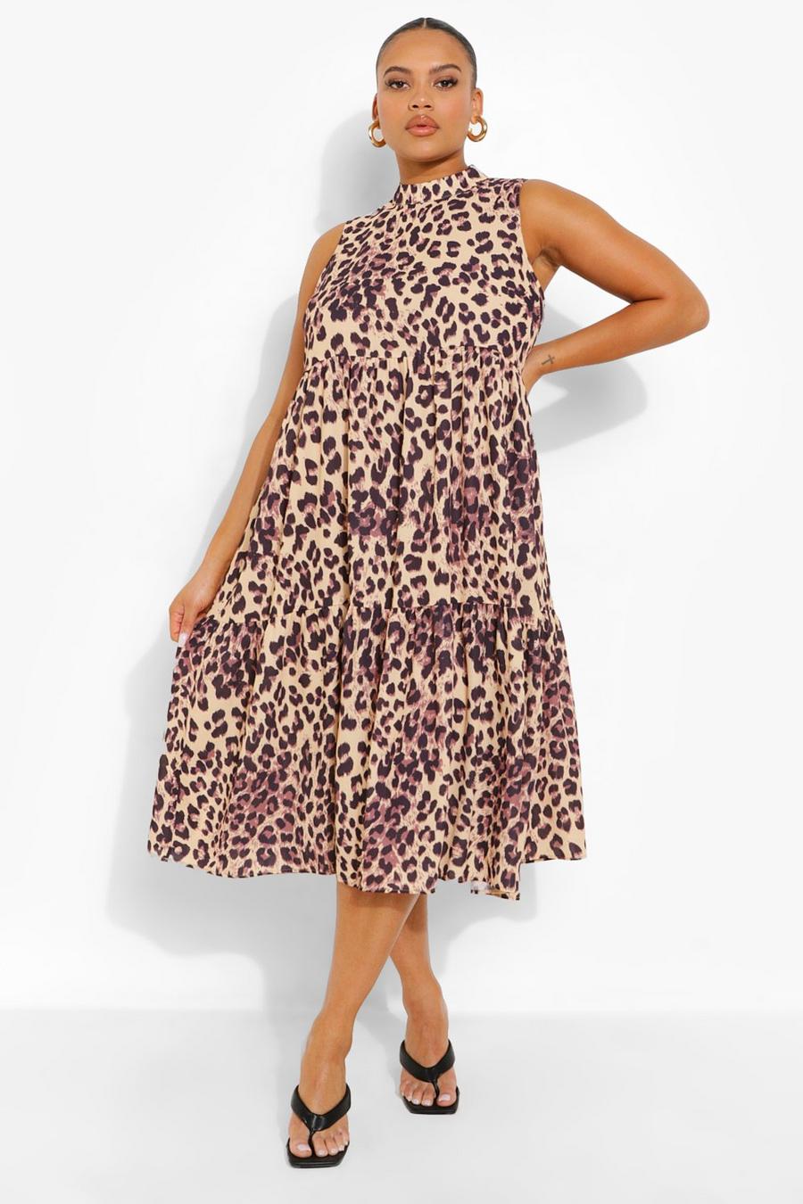 Brown Plus Leopard Print Tiered Midi Smock Dress image number 1