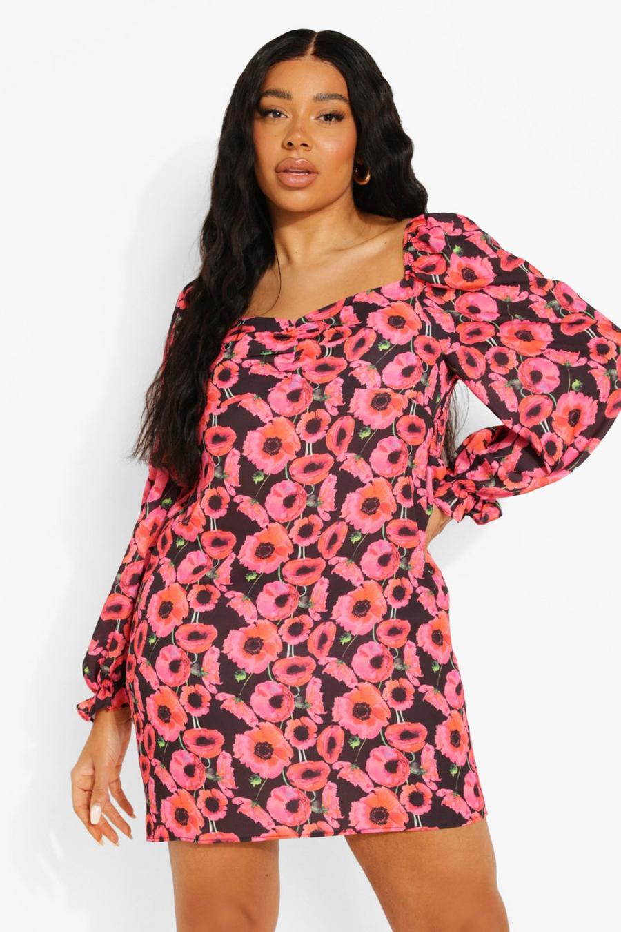 Hot pink Plus - Blommig klänning med puffärm image number 1
