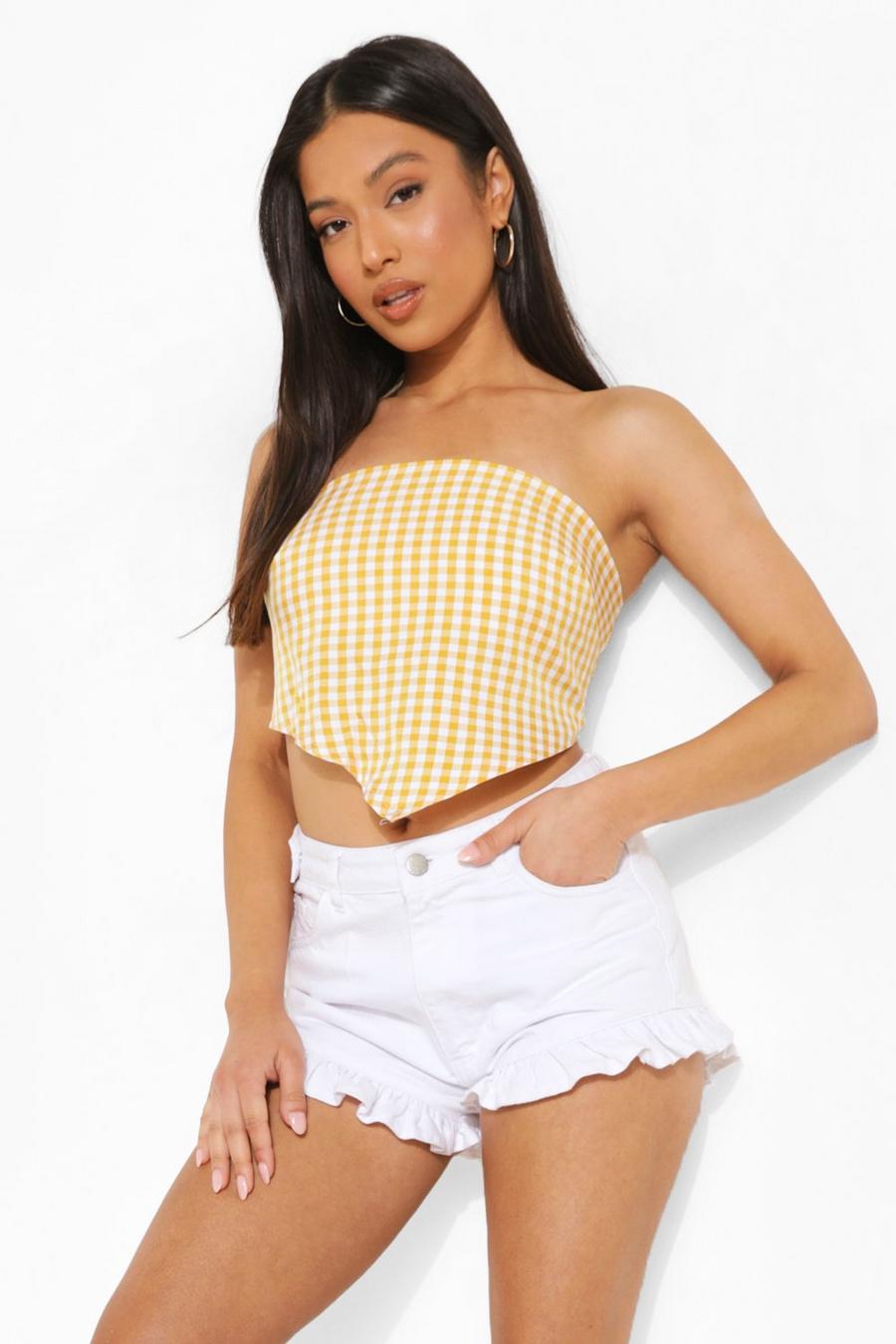 Yellow Petite Gingham Tie Back Woven Scarf Top image number 1