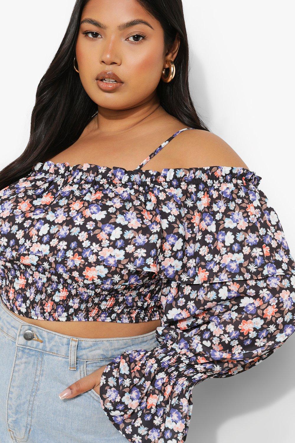 Plus Floral Cold Shoulder Shirred Top boohoo DK