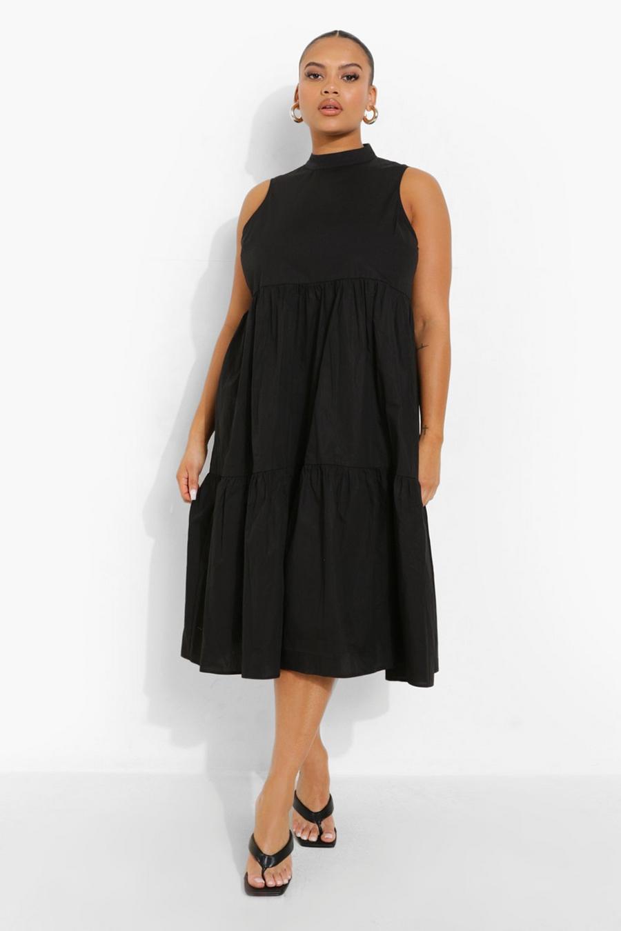 Black Plus Cotton High Neck Tiered Midi Dress image number 1