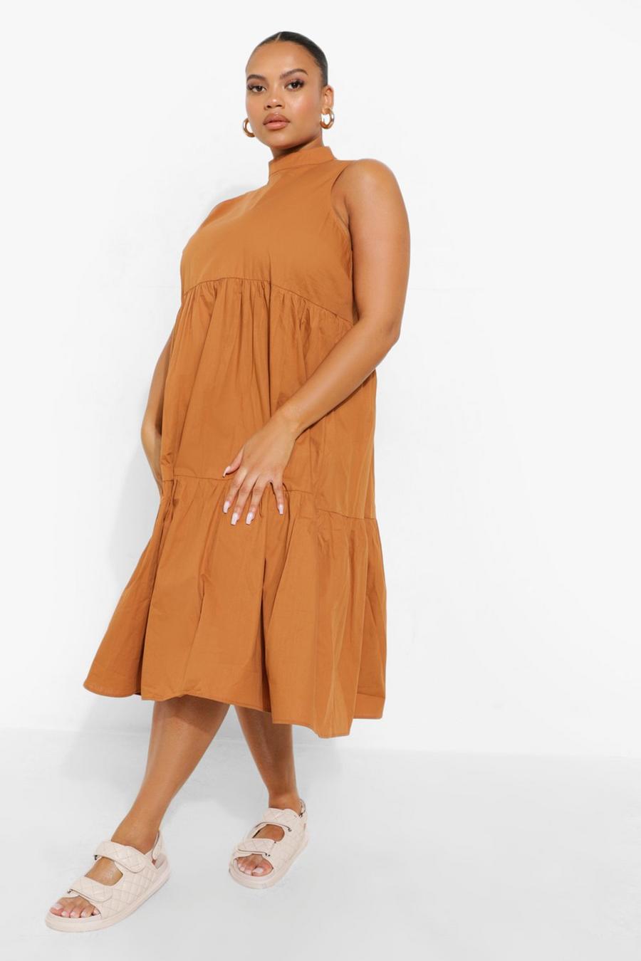 Tan Plus Cotton High Neck Tiered Midi Dress image number 1