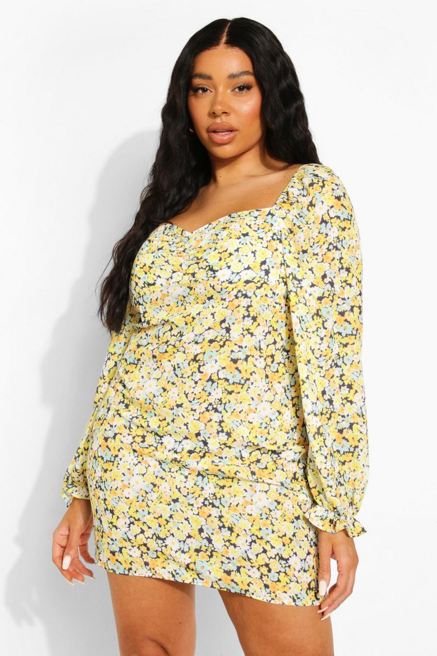 Yellow Plus Floral Puff Sleeve Mini Dress image number 1