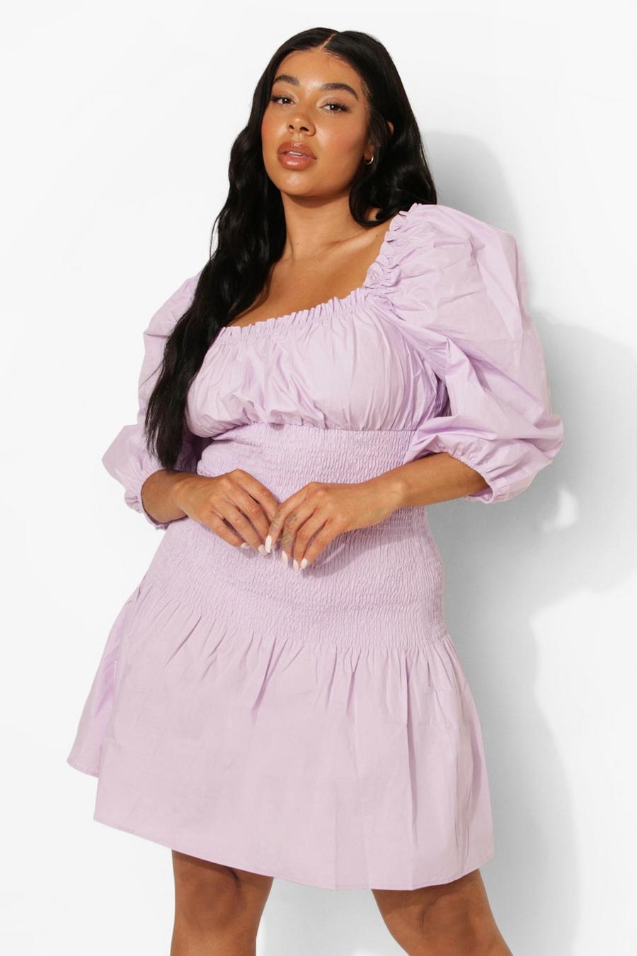 Lilac purple Plus Cotton Shirred Drop Waist Dress