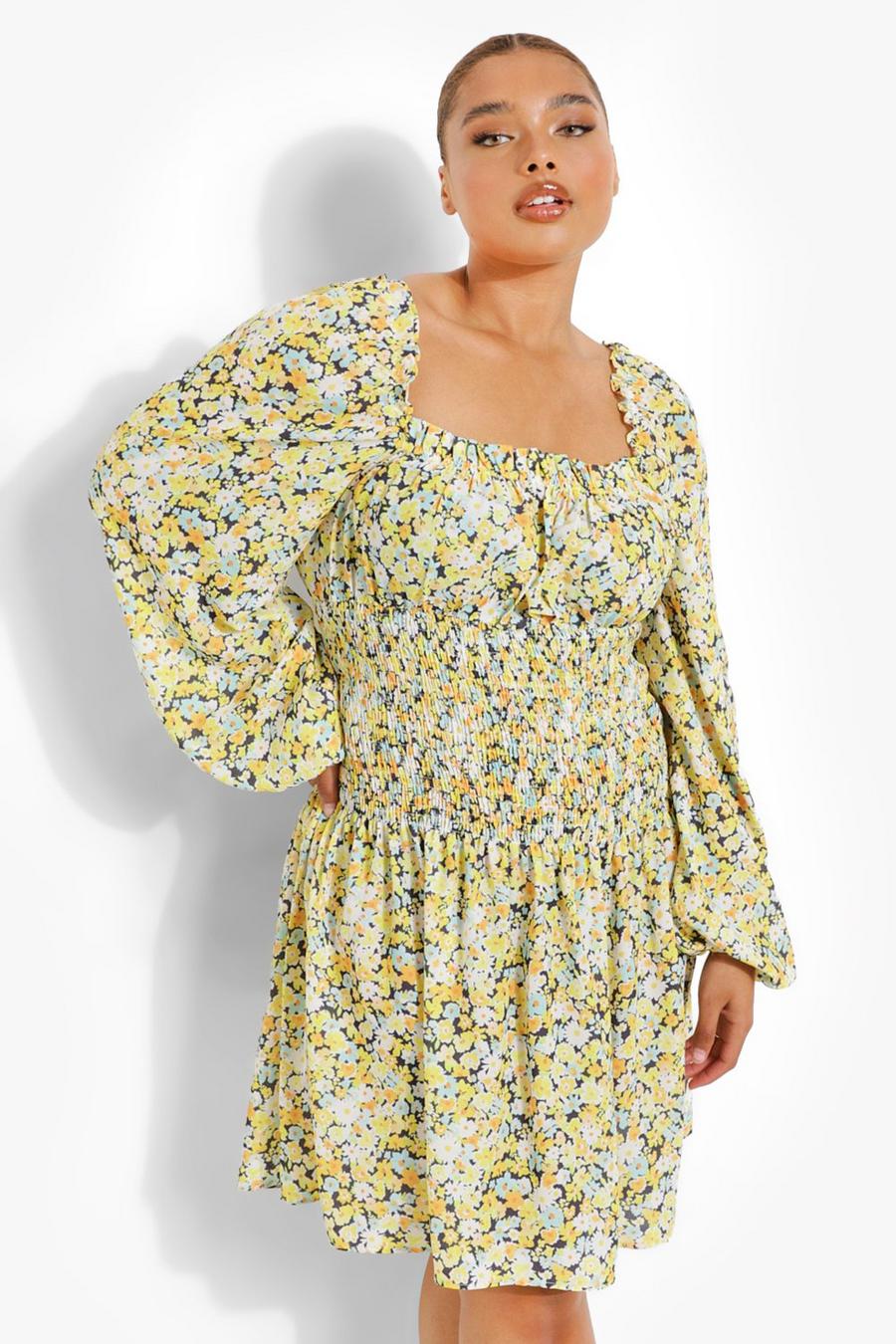 Yellow Plus Floral Shirred Long Sleeve Skater Dress image number 1