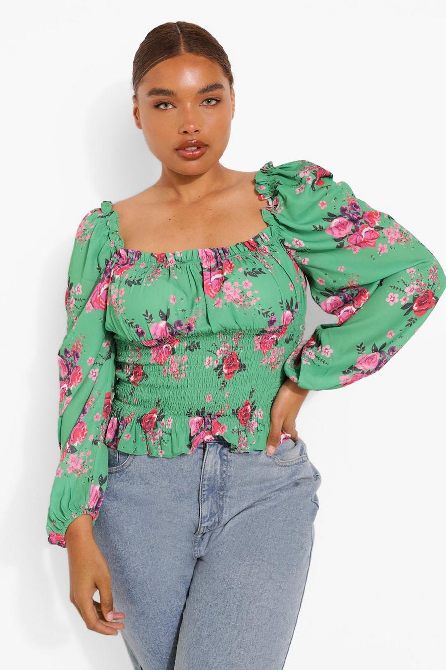 Green Plus Floral Shirred Long Sleeve Top image number 1