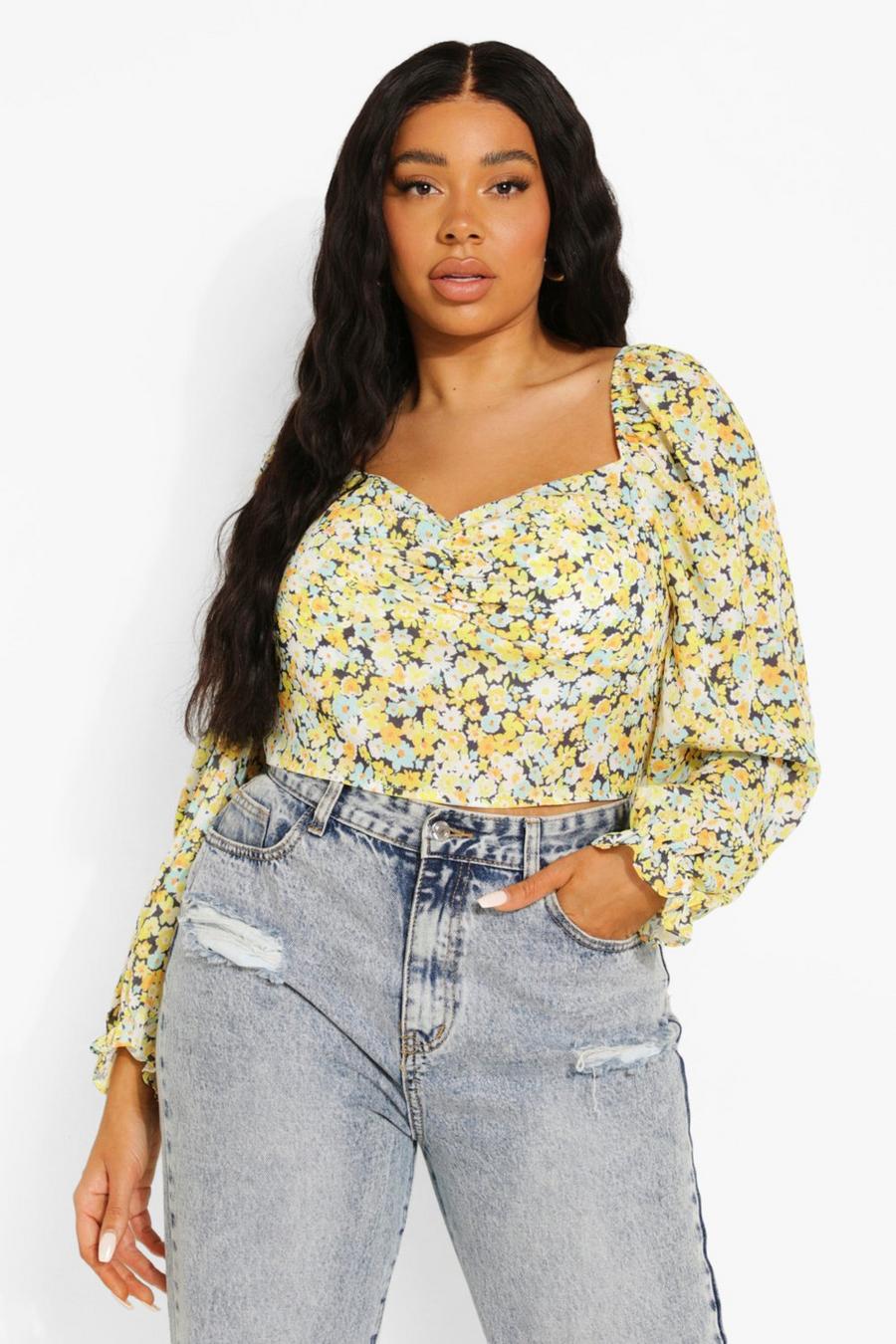 Yellow Plus Floral Puff Sleeve Top image number 1