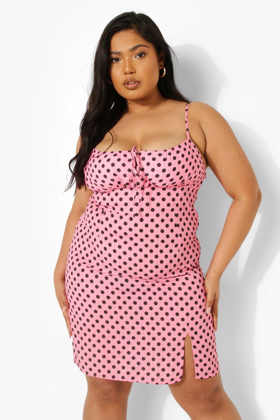 Pink Plus Polka Dot Tie Front Mini Dress image number 1