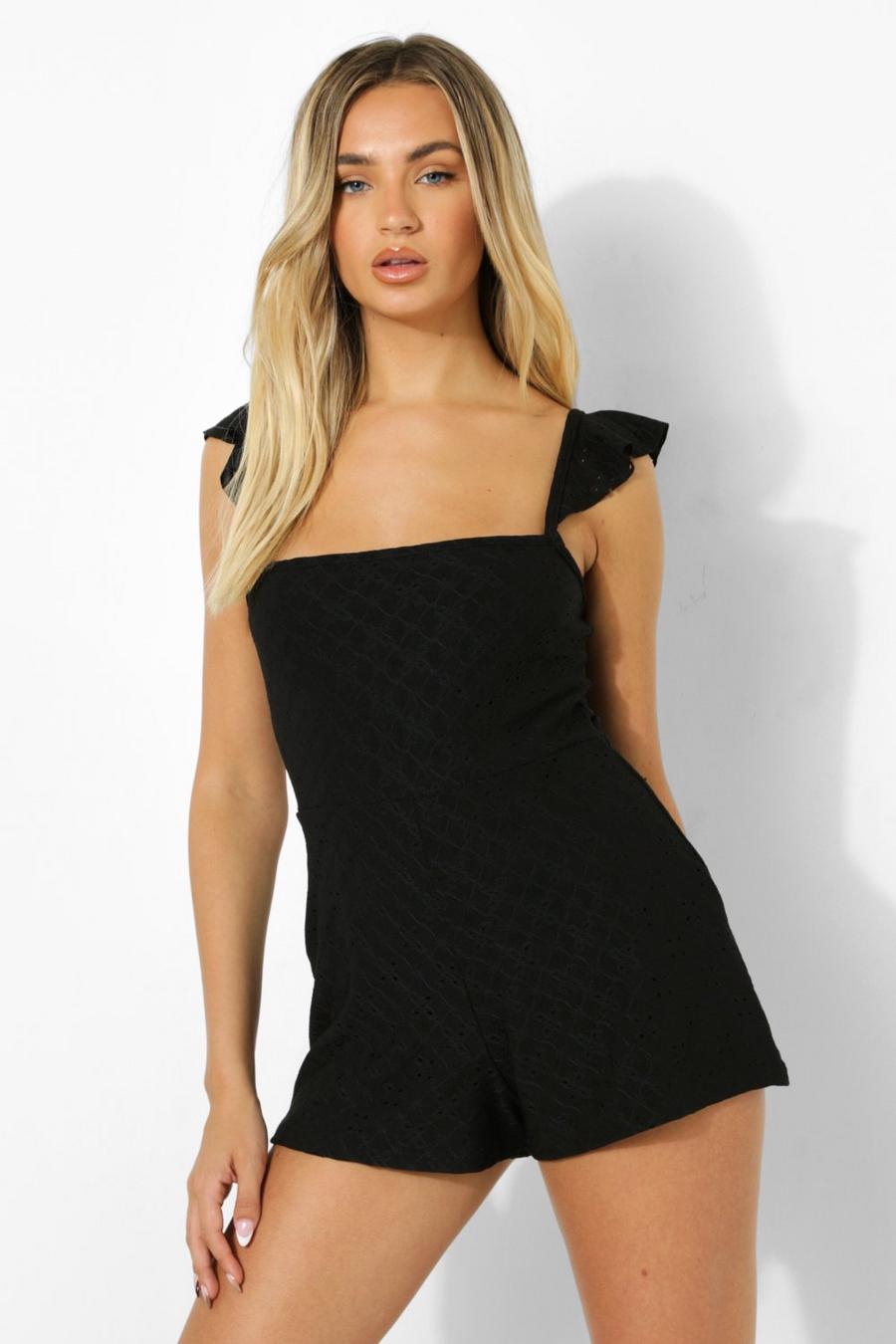Black Petite Jersey Broderie Open Back Playsuit image number 1