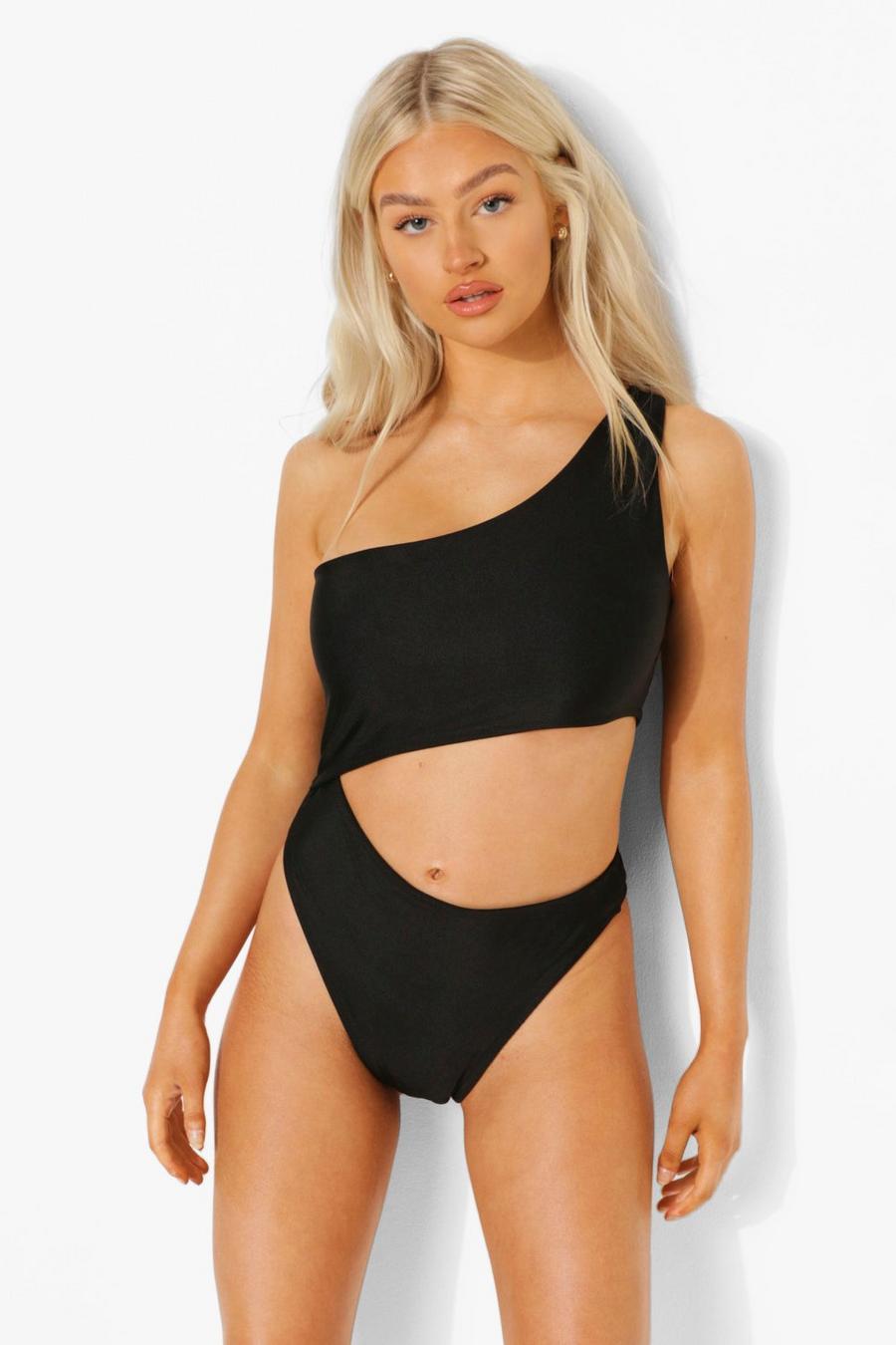 Black Petite Cut Out One Shoulder Swimsuit image number 1