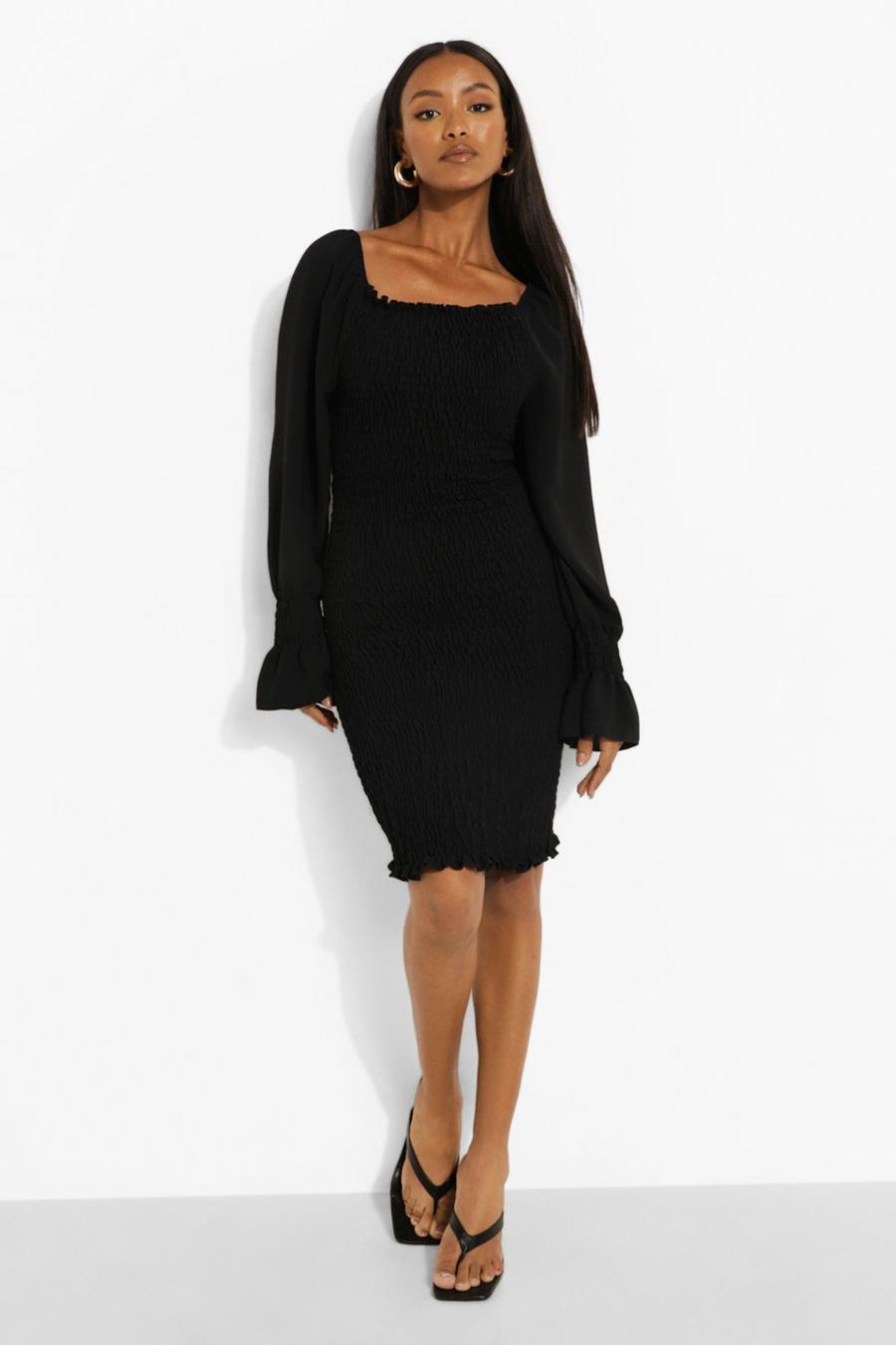 Black Petite Volume Sleeve Shirred Dress image number 1