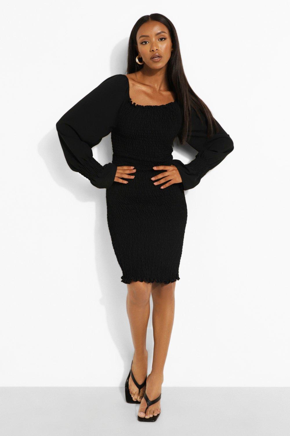 Petite Volume Sleeve Shirred Dress boohoo