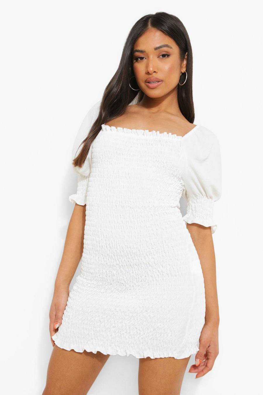 Ivory Petite Short Sleeve Shirred Mini Dress image number 1