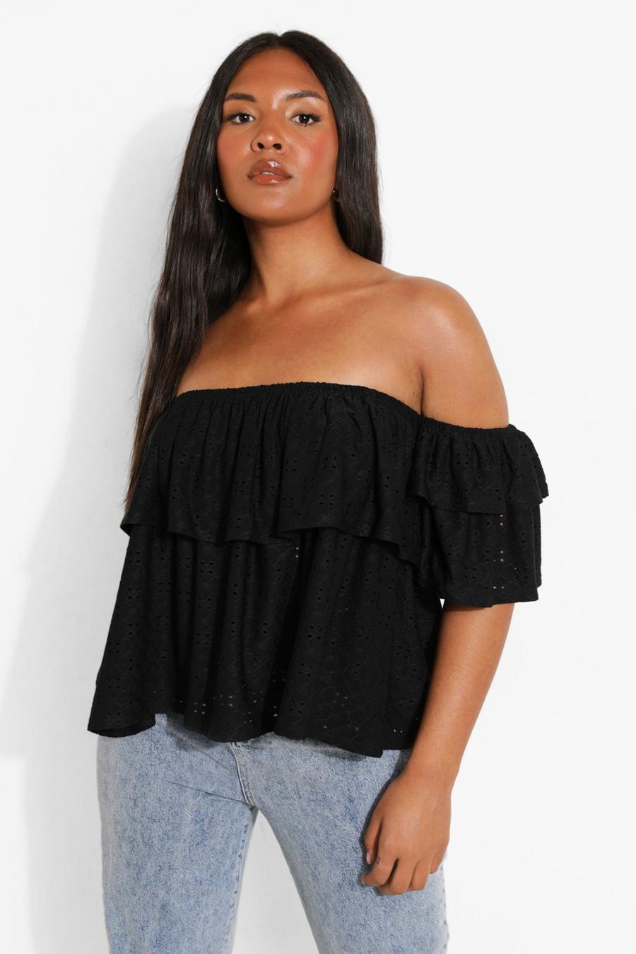 Black Plus Jersey Broderie Ruffle Bardot Top image number 1