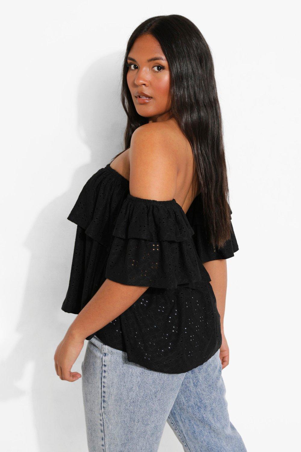 Plus Jersey Eyelet Ruffle Off The Shoulder Top