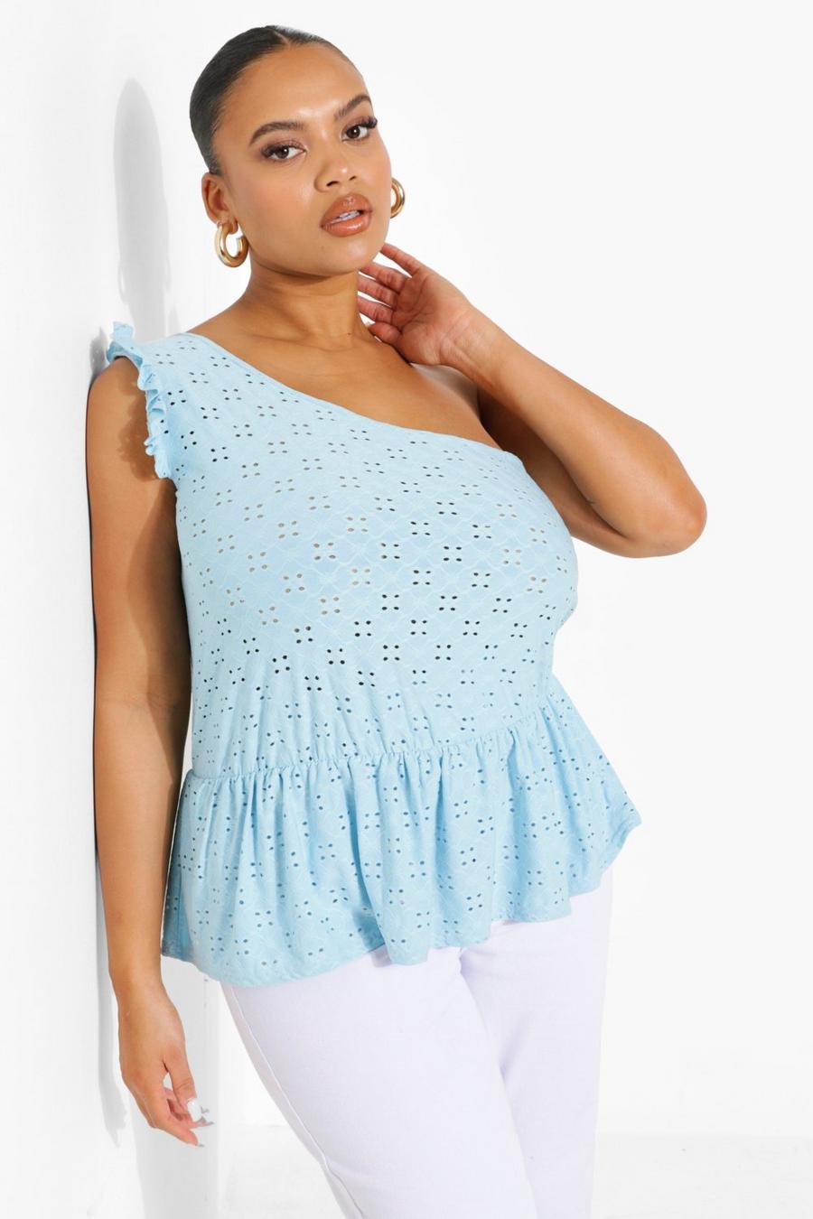 Baby blue Plus - One shoulder-topp med broderie anglaise och peplum image number 1