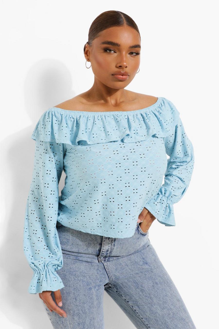 Baby blue Plus Jersey Broderie Bardot Top image number 1