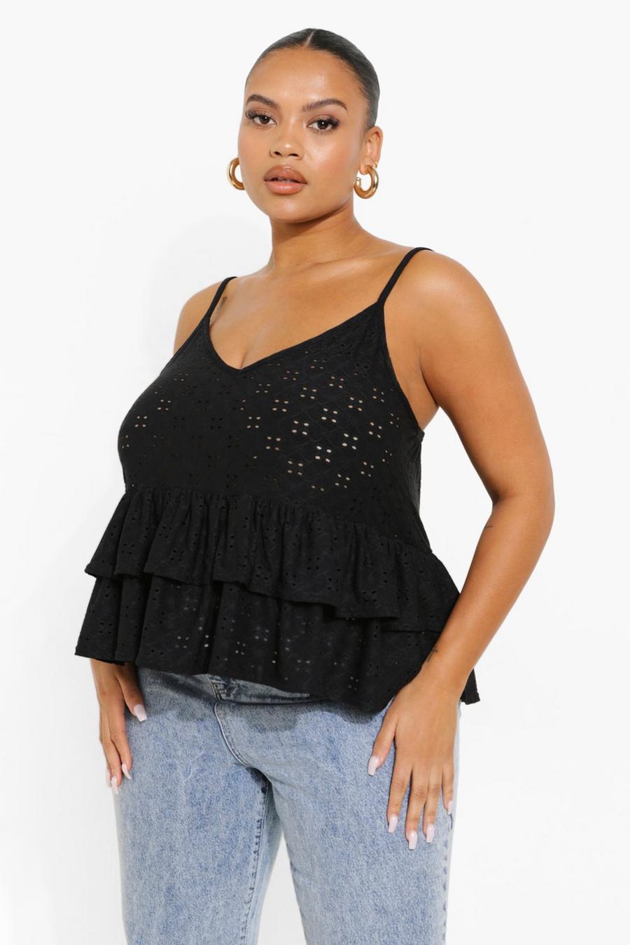 Black Plus Jersey Broderie Tiered Cami Top image number 1