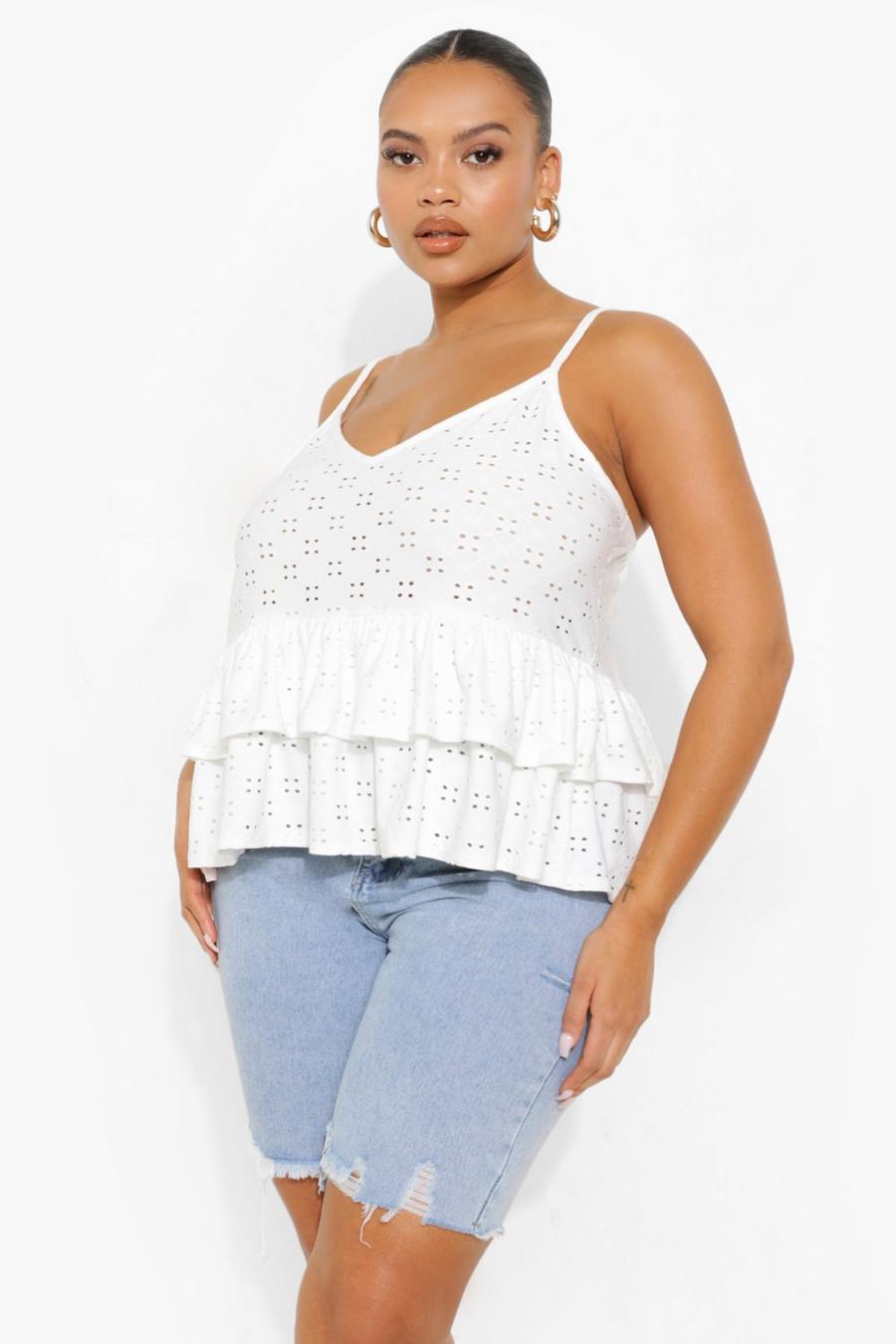 White Plus Jersey Broderie Tiered Cami Top image number 1