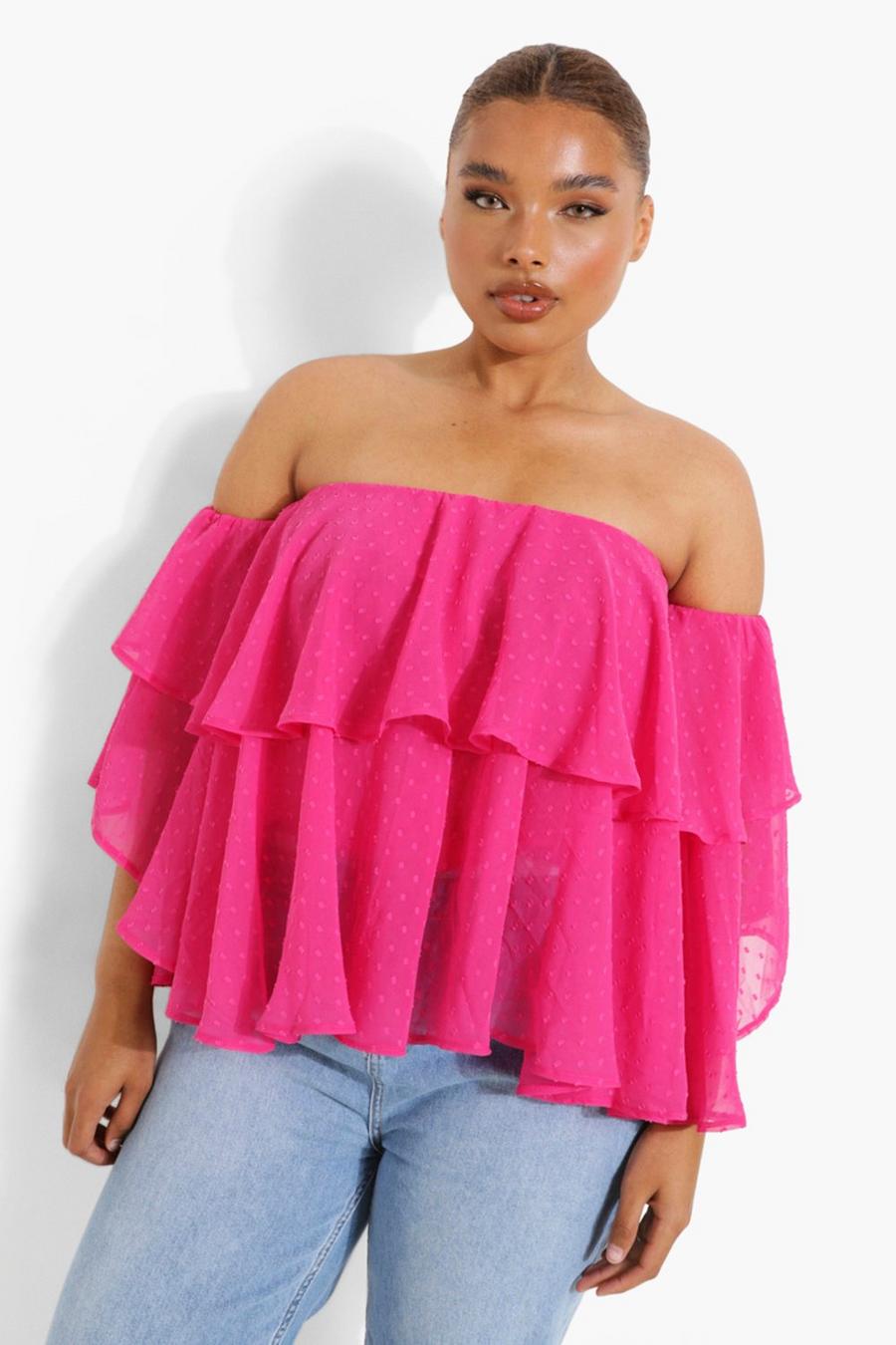 Hot pink Plus Off The Shoulder Dobby Mesh Top image number 1