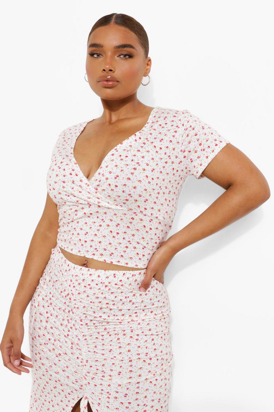 White Plus Ditsy Floral Wrap Top image number 1