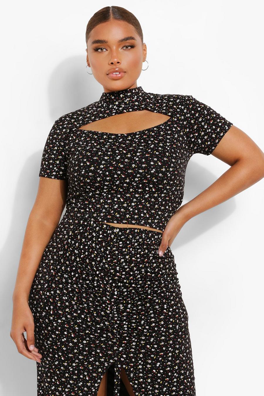 Black Plus Ditsy Floral Cut Out Top image number 1