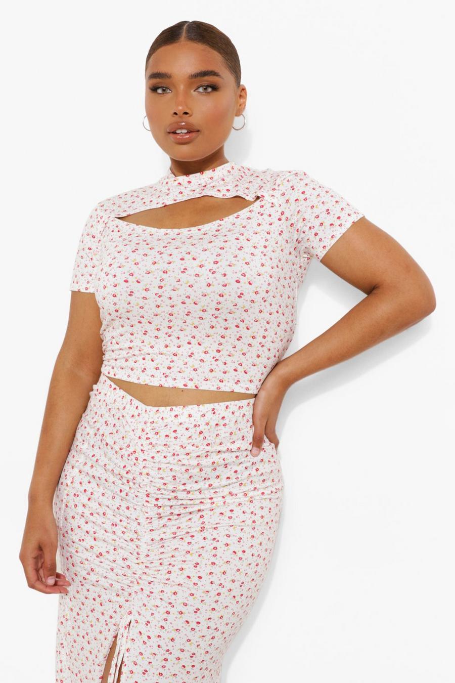 White Plus Ditsy Floral Cut Out Top image number 1