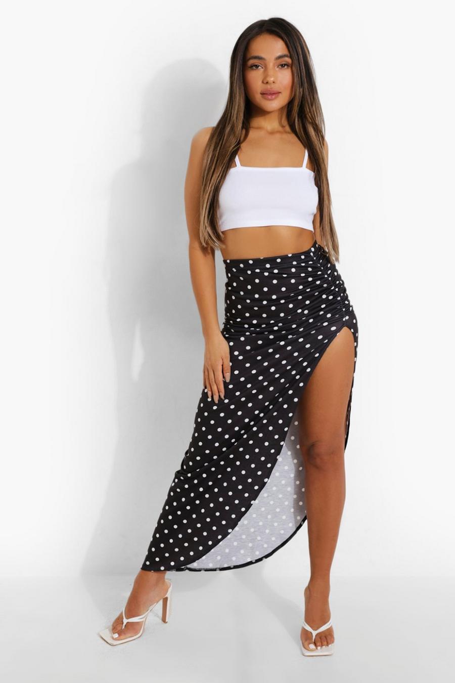Black Petite Spot Print Ruched Side Maxi Skirt image number 1